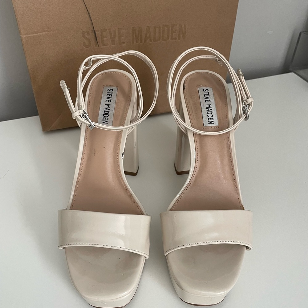 Steve Madden Cream Patent Block Heel Sandals with Ankle Strap